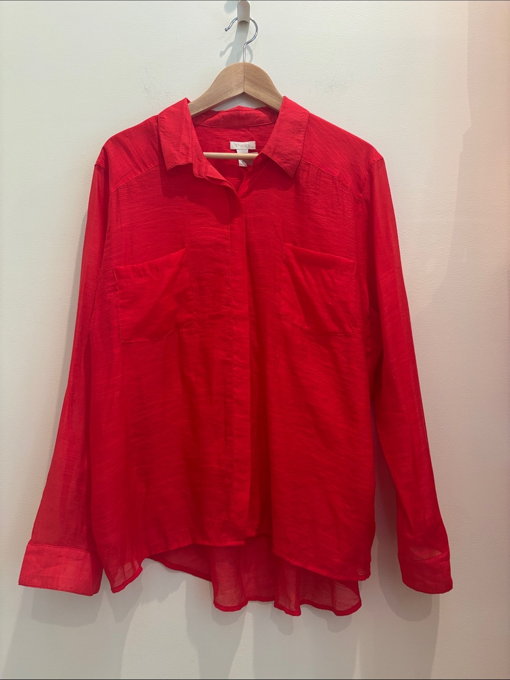 Chicos Button Down Shirt Red Sheer Roll Tab Size XL